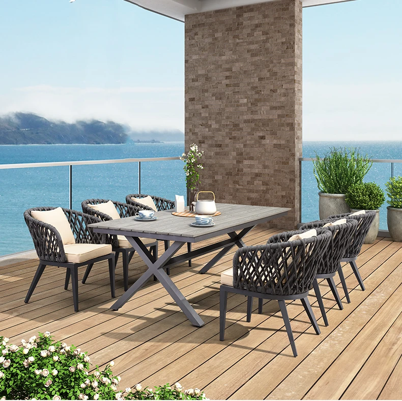 Hotel New design outdoor garden furniture powder coating aluminium dining set long table with 6 or 8 chairs rope furniture