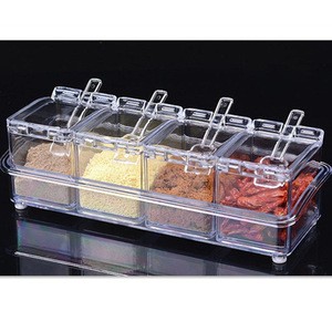 Kitchen  plastic Seasoning Rack Spice Pots  4 Piece Seasoning Box Storage Container Condiment Jars  with Cover and Spoon