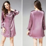 ladies sexy100% pure silk white nightshirts long sleeves silk nighty wear FLKN634