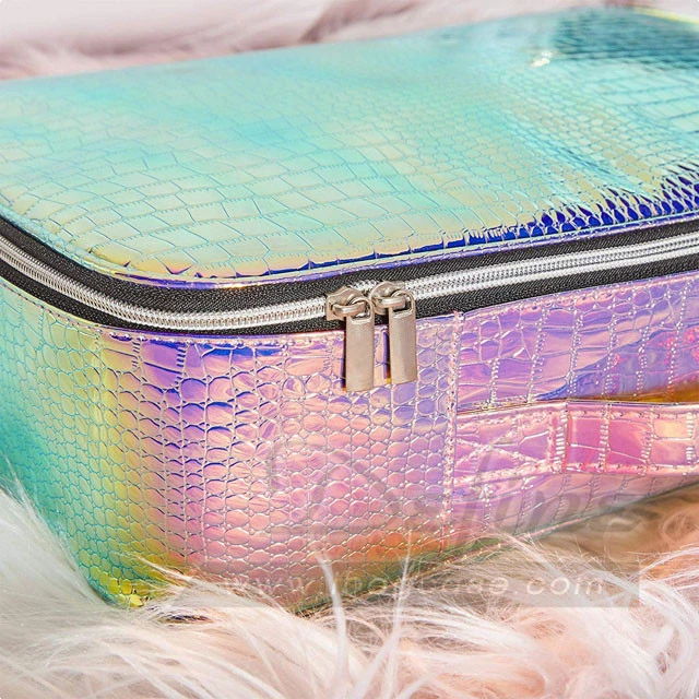 Large Travel Iridescent Cosmetic Bag Holographic Makeup Train Case