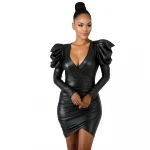 long sleeve metallic v-neck women dress high elastic slim fit short mini  black solid pu faux leather dress