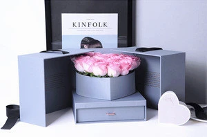 Luxury Blue Drawer Rose Gift Box Heart Shape Double Opening Gift Packaging Flower Box With Ribbon