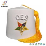 Masonic Regalia Fez cap -  Fez Hood Wool Fully Hand Embroidery With Tussle  - Order of the Eastern Star OES Rhinestone White Fez