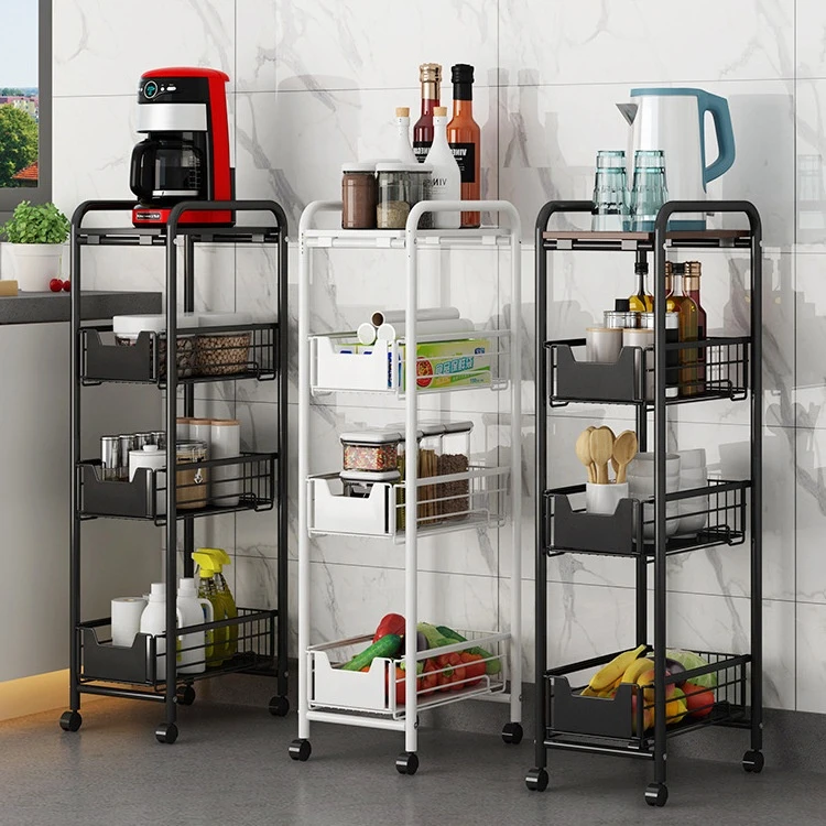 Multi-layer floor movable trolley hand cart carbon steel storage rack drawer vegetable and fruit basket kitchen organizer