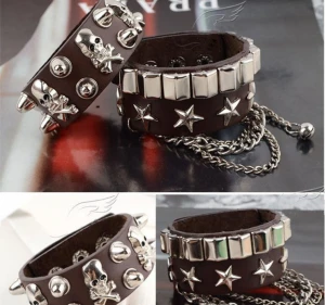 MUSI Fashionable Multi-layer Leather Wide Bracelet Individual Skull Rivet Hip-hop Accessory Dance Punk Bracelet