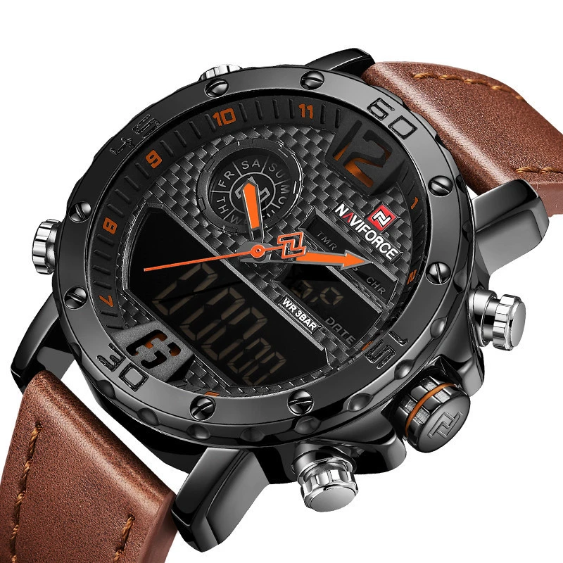 Naviforce 9134 Men Leather Waterproof Wrist Watch Luxury Digital Watches