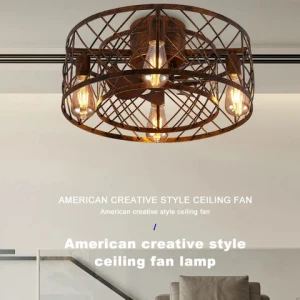 New American Style Industrial Metal Cage Copper Led Ceiling Fan Light