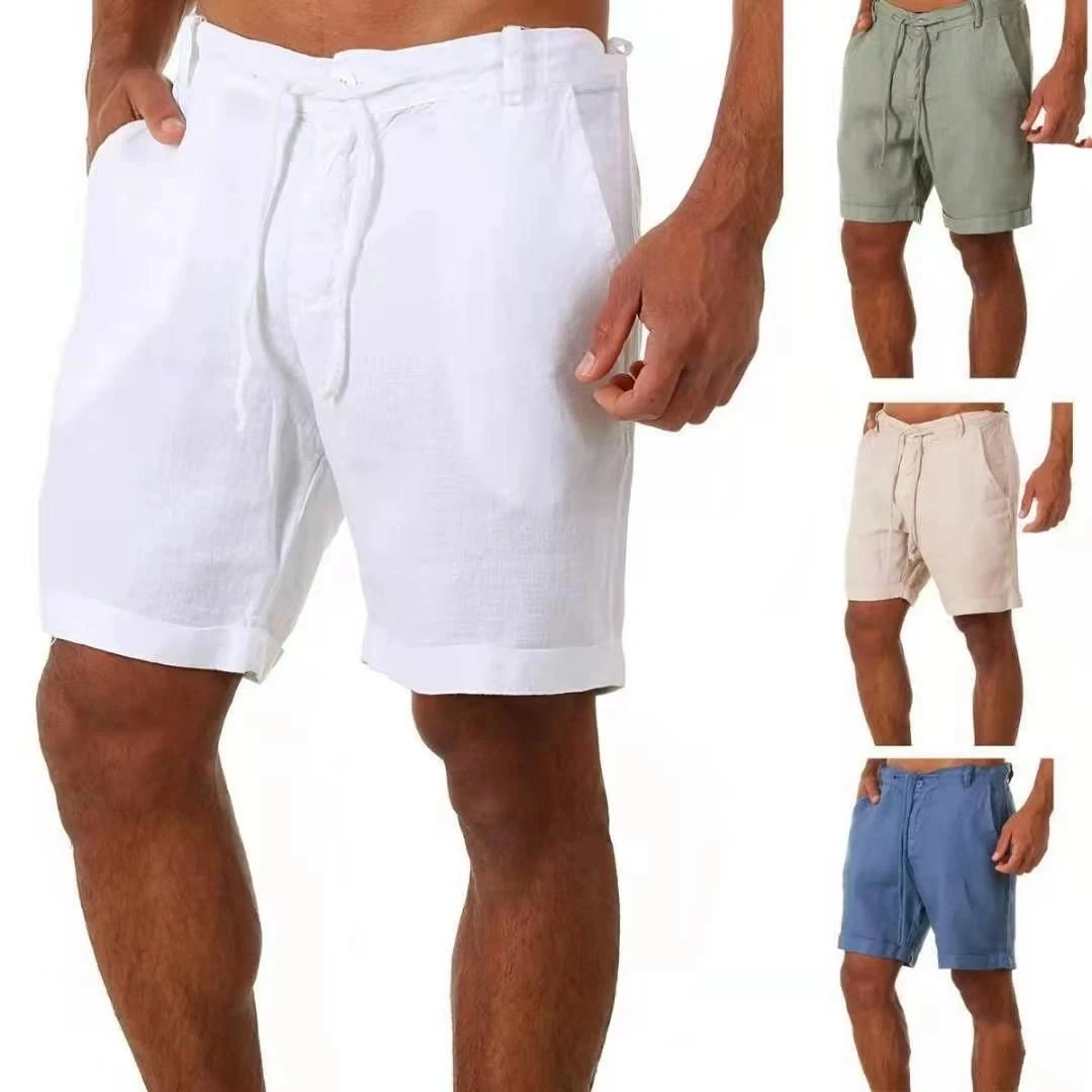New arrivals solid color cotton and linen shorts men fashion elastic waist summer short pants