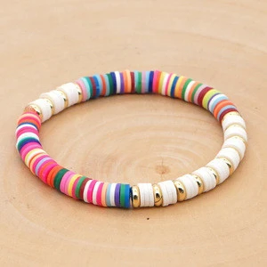 New Colorful Sliced Clay Bracelets Handmade Rainbow Polymer Elastic Rope Boho Beaded Bracelet Set Beach Surf Stackable Bangles