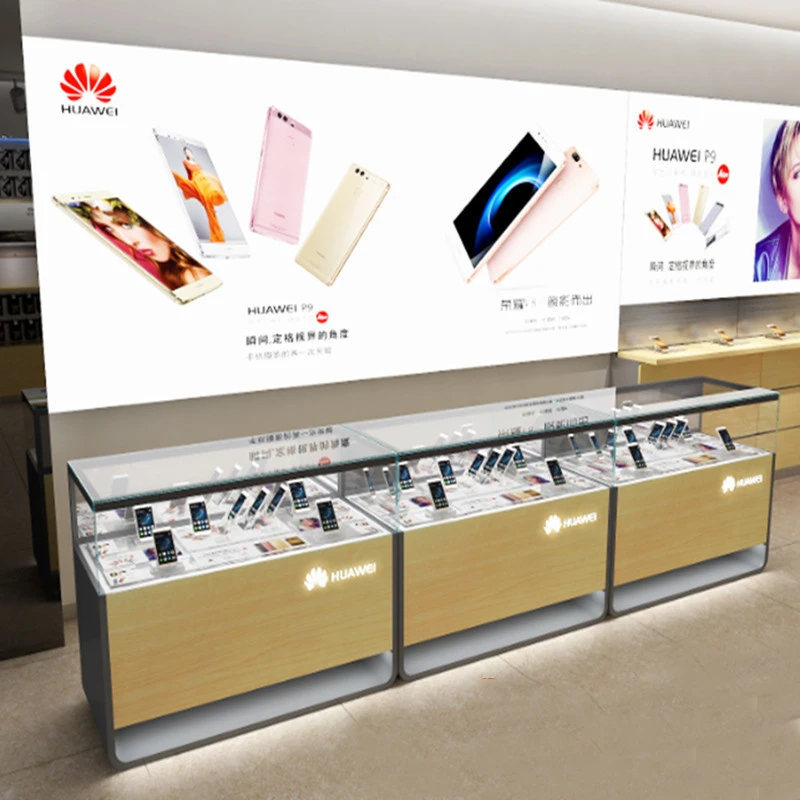 New design huawei mobile phone glass display cabinet showcase