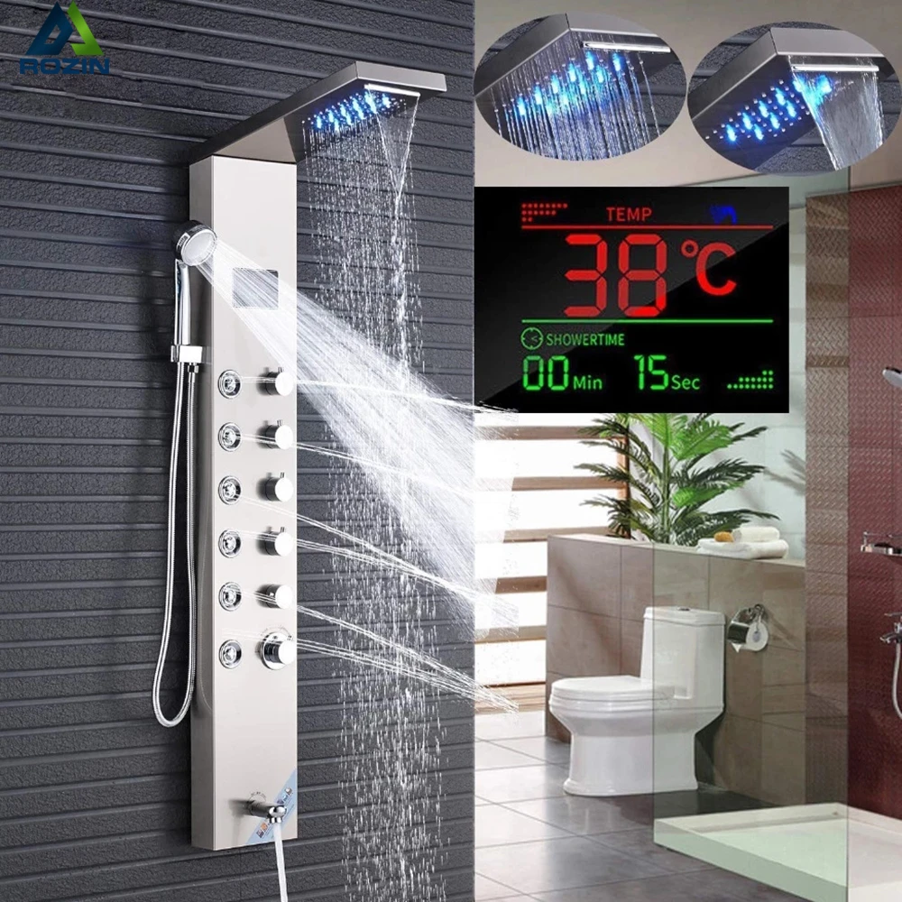 Newly Luxury Black/Brushed Bathroom Shower Faucet LED Shower Panel Column Bathtub Mixer Tap With Hand Shower Temperature Screen