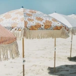 OEM Vintage style large beach umbrella with tassels fringes floral beach umbrella with tassel