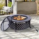 Outdoor Metal Firepit Round Table Patio Garden Wood Burning Fire Pit with Spark Screen Log Poker and Cover