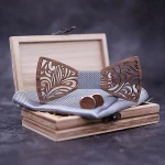 Paisley Wooden Bow Tie Handkerchief Set Mens Plaid Bowtie Wood Hollow carved cut out Floral design And Box Fashion Novelty ties