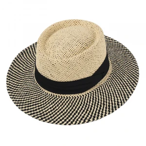 Panama Hat Men PorkPie Sun Hat Summer Straw Wide Brim Fedora Male Hand Knitting Black Patchwork Casual Beach Tribby Hat