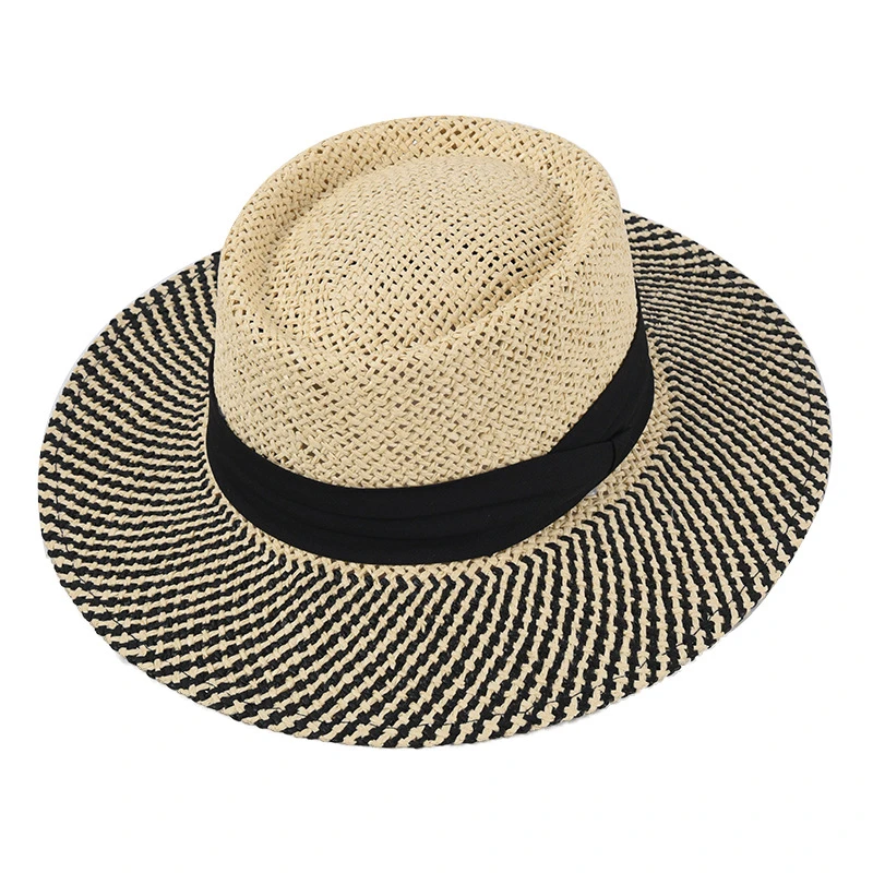 Panama Hat Men PorkPie Sun Hat Summer Straw Wide Brim Fedora Male Hand Knitting Black Patchwork Casual Beach Tribby Hat