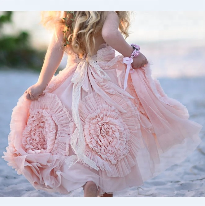 Pink Tulle Multi-layer Ruffled dress Fabric baby girl Lace Trim Wedding Dress