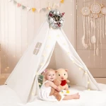 Play tent triangle wooden sticks folding white cotton childrens play tent indoor and outdoor princess castle tent wholesale