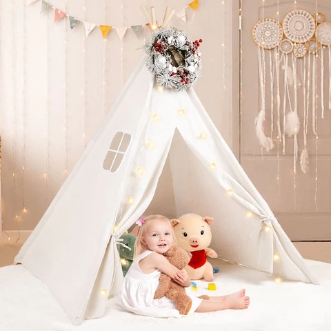 Play tent triangle wooden sticks folding white cotton childrens play tent indoor and outdoor princess castle tent wholesale