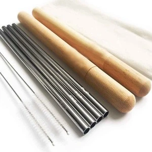 Reusable Professional Stainless Steel Straws &amp; 2 Handcrafted Wooden Travel Cases &amp; Pouch Wide Straw Set