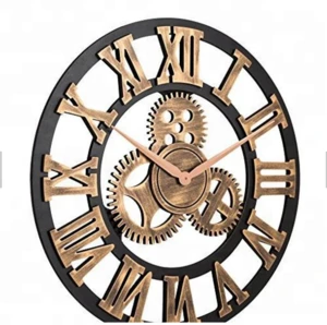 Roman-Anti-Bronze 3D Retro Rustic Vintage Wooden 23-Inch Noiseless Gear Wall Clock
