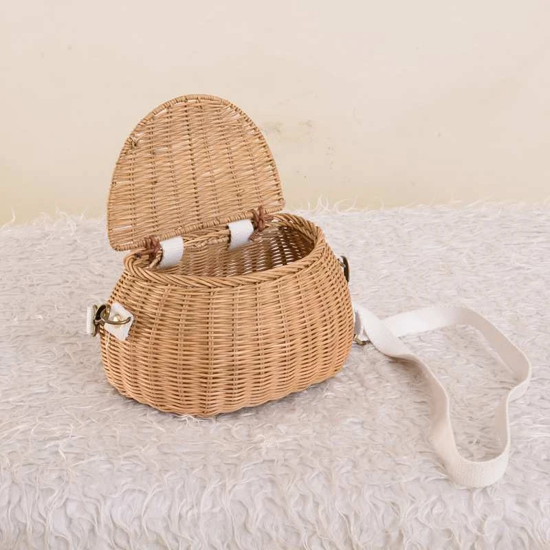 semi circle wicker picnic basket with fabric handle shoulder strap half round storage basket rattan bags