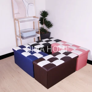 Square foldablestorage stool of living room splicing PU leather ottoman with button