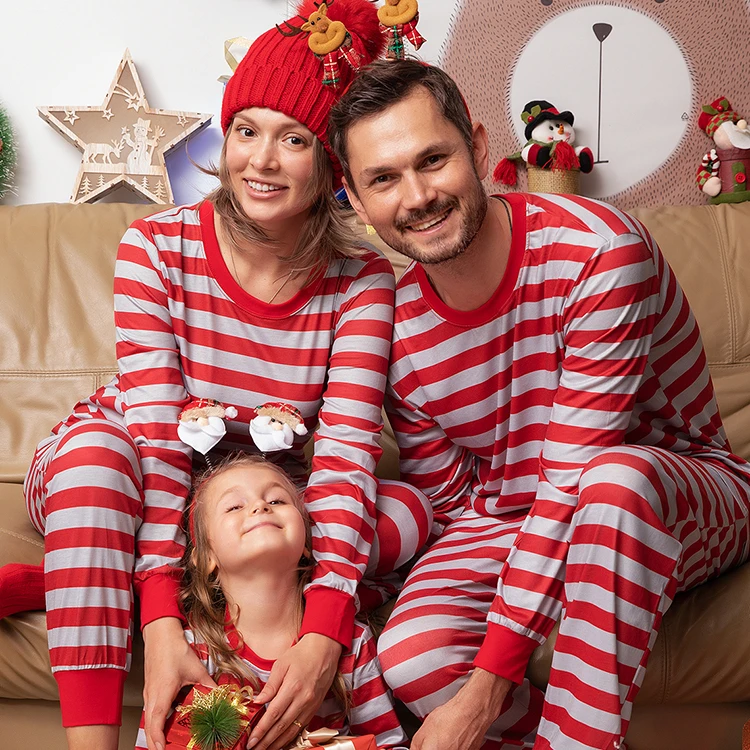 Striped Pattern Design Casual Christmas Family Matching Sleeping Pajamas Sets