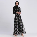 Top Quality Eid Ramadan Long Purple Flower Embroidery Mesh Full Sleeve Made In Turkey Stylish Islamic Dress Kaftan Burqa