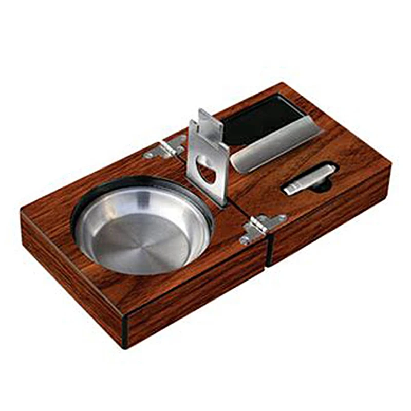 UKETA custom square folding wooden box cigar ashtray set gift for man with cigar cutter