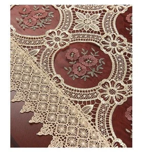 Vintage Gold Burgundy Lace Table Runner;Floral Dresser Scarves Embroidered Wedding Table Runner