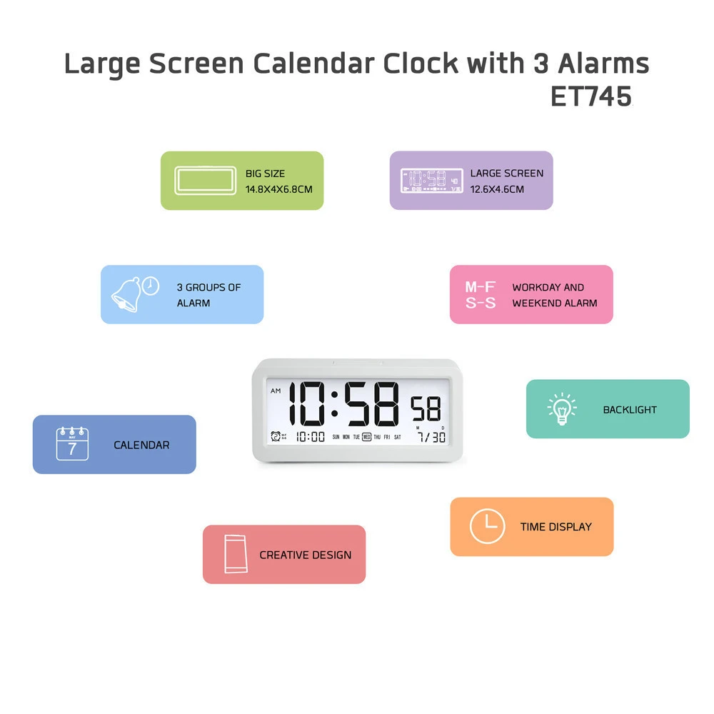 White Backlight  Large Display Desk Table Digital LCD Alarm Clock with Calendar