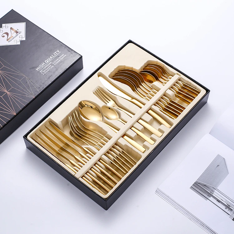 Wholesale Gold Plated Custom Royal Dinner Serving Gift Reusable Stainless Steel Knife Fork Spoon Set Cutlery Flatware Sets