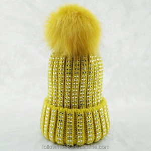 Winter Hats Faux Fur Pom Pom Rhinestone  Style Women Beanies Warm Knitted Hat Ladies   Cap