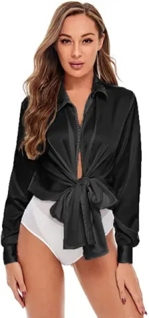 Women Bow Tie Satin Bodysuit Plunging Neck Sexy Long Sleeve Blouse Top