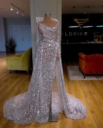 women sequin fabric evening dress shinny silver lace fabric prom dresses  side slit long sleeve luxury party gown 2019