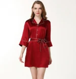 Womens 100% Silk Satin Robe Luxury Bathrobe Knee Length Sleepwear