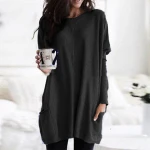 WW-0098 Autumn Long-sleeved Casual Pocket T-shirts Top Dress Blouse Long Sleeve Womens Apparel Tops