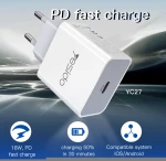 Yesido White Adapter Eu Plug Pd 18W Fast Charging Smart Phone Travel Portable Charger
