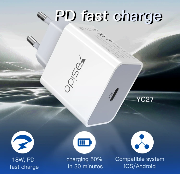 Yesido White Adapter Eu Plug Pd 18W Fast Charging Smart Phone Travel Portable Charger