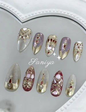 Royal Red & Gold Rhinestone Press-on Nails
