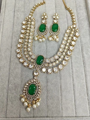 Green Victorian Bridal Triple Layer Emerald And Polki Long Necklace