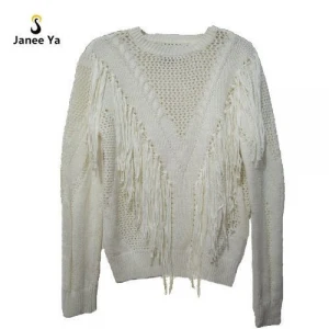 Natural knitted sweater with fringe