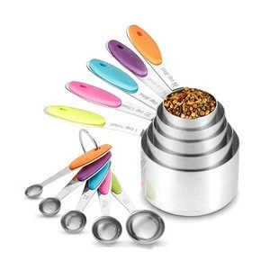 10 Piece Measuring Cups and Spoons Set in 18/0 Stainless Steel with Color Silicone Handle