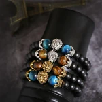 10MM Gold Silver Plated Lion Head Blue Tiger Eye Stone Bead Charm Black Matte Friendship Natural Stone Bracelet Design