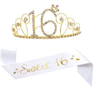 16th Birthday Crown Tiara Sweet 16 Birthday Satin Sash for Sweet 16 16th Birthday Party Decorations