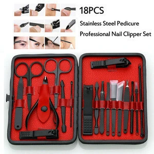 18 pcs stainless steel nail clippers manicure pedicure care tools kit in grooming Travel Case