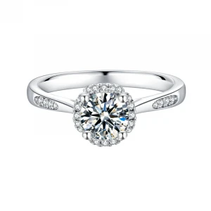1ct 6.5mm Clear Moissanite Main Stone and Cubic Zirconia Side Stone 925 Sterling Silver White Gold Plated  Ring