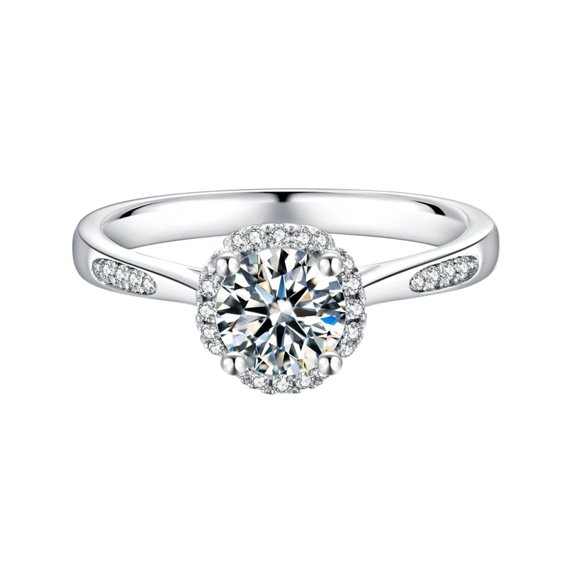 1ct 6.5mm Clear Moissanite Main Stone and Cubic Zirconia Side Stone 925 Sterling Silver White Gold Plated  Ring
