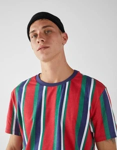 2019 hot sale block color 100 cotton round collar short sleeve vertical striped T shirt for men in summer